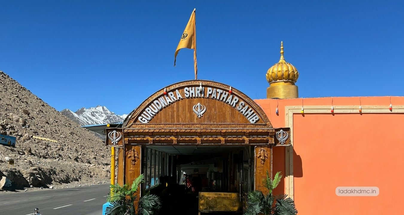 Gurudwara Pathar Sahib located along Leh Kargil highway with scenic Ladakh mountain landscape