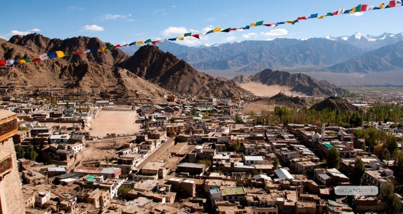 Panoramic view of Leh town with Himalayan mountain ranges surrounding the valley