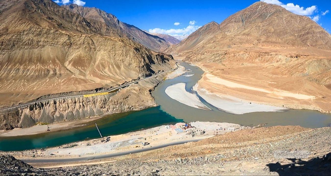 Sangam Point surrounded by majestic Himalayan mountains and valleys in Ladakh