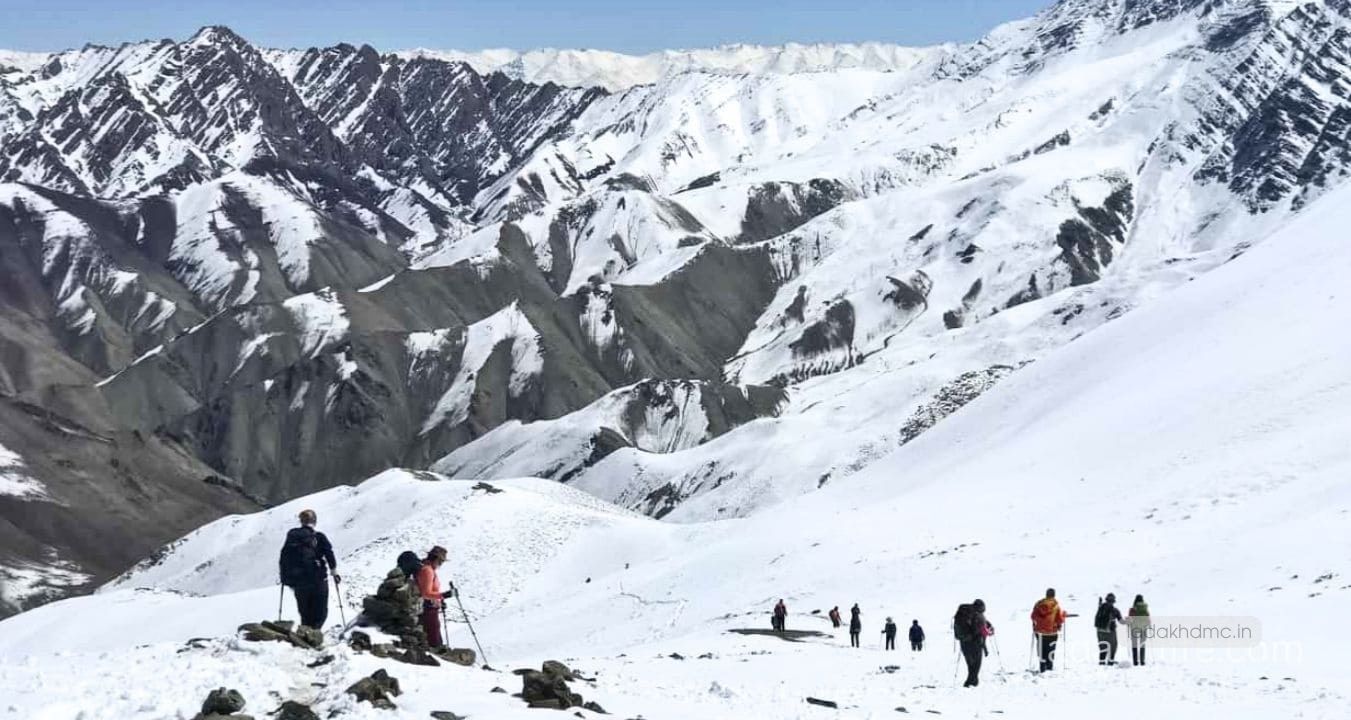 Panoramic landscape of Stok Kangri Base Camp with Himalayan peaks and valleys