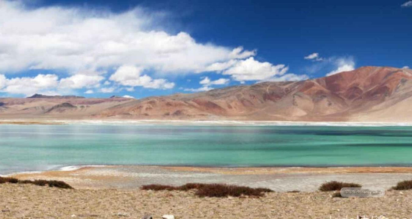 Panoramic view of Tso Kar Lake with turquoise waters and snow-capped Himalayan peaks in Ladakh