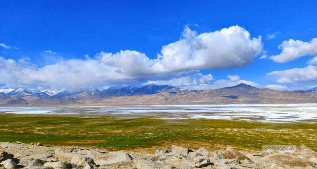 Tso Kar Lake surrounded by barren mountains and pristine Himalayan scenery in Ladakh