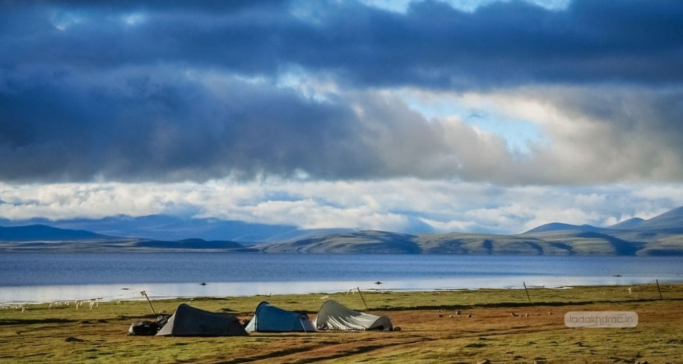 Tso Moriri Lake showing changing shades of blue and green under the Himalayan sky