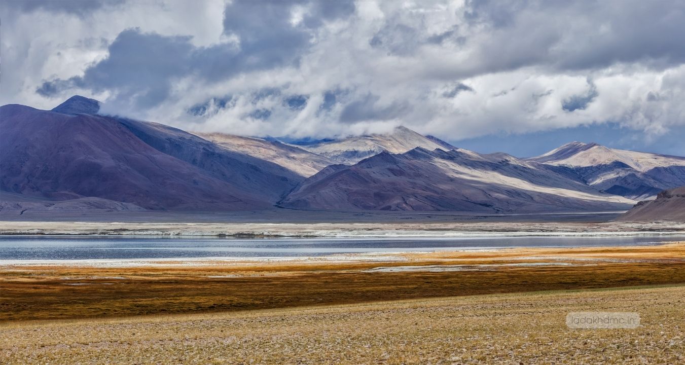 Tso Moriri Lake surrounded by barren mountains and pristine Himalayan scenery in Ladakh